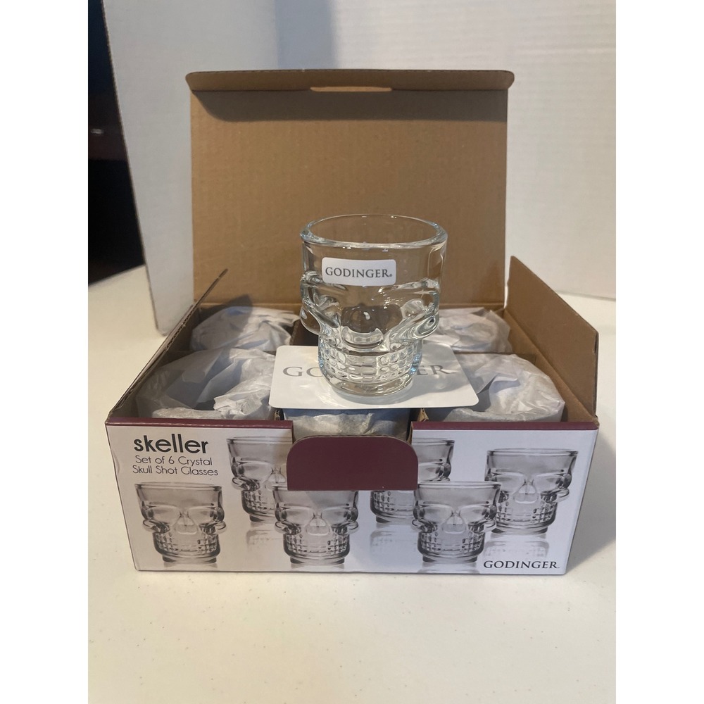 Godinger Skeller Set of 6 Crystal Skull Shot Glasses Clear Gothic Barware